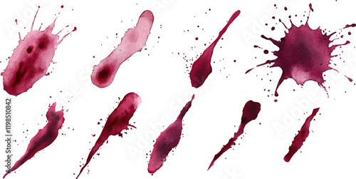 Set of watercolor splashes or stains with dark red wine. white background