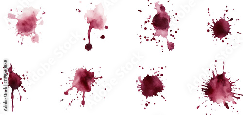 Set of watercolor splashes or stains with dark red wine. white background