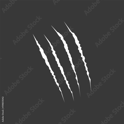 Cat scratch icon. White scratches from animal claws isolated on black background. Dragon or dinosaur flat scratch marks. Cracks from scratches of animal claws. Vector illustration.