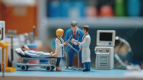 Mini doctors using medical tools to check patient in hospital environment gigapixel scale view