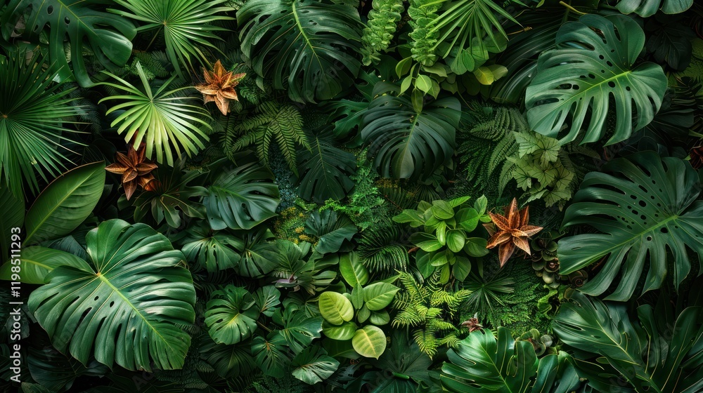 A vibrant tropical foliage backdrop featuring lush green leaves and colorful flowers A vibrant tropical foliage backdrop featuring lush green leaves and colorful flowers