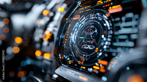 Fototapeta Naklejka Na Ścianę i Meble -  Futuristic control panel interaction spacecraft cockpit digital display high-tech environment close-up view sci-fi concept