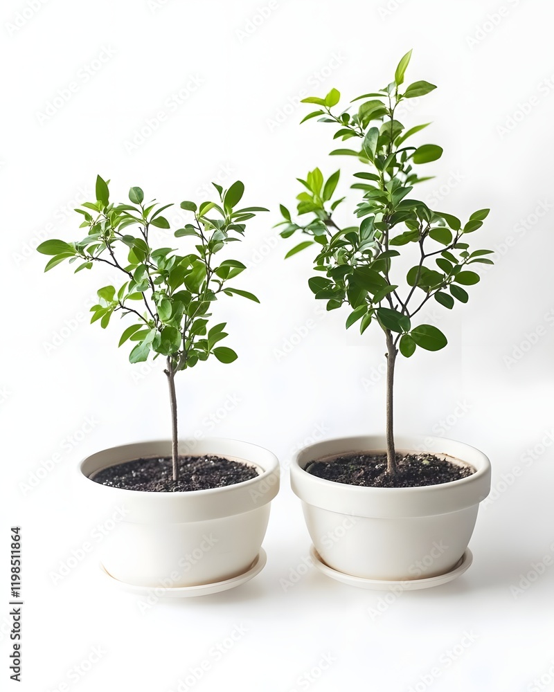Two potted plants with lush green leaves on a white background. Two potted plants with lush green leaves on a white background.