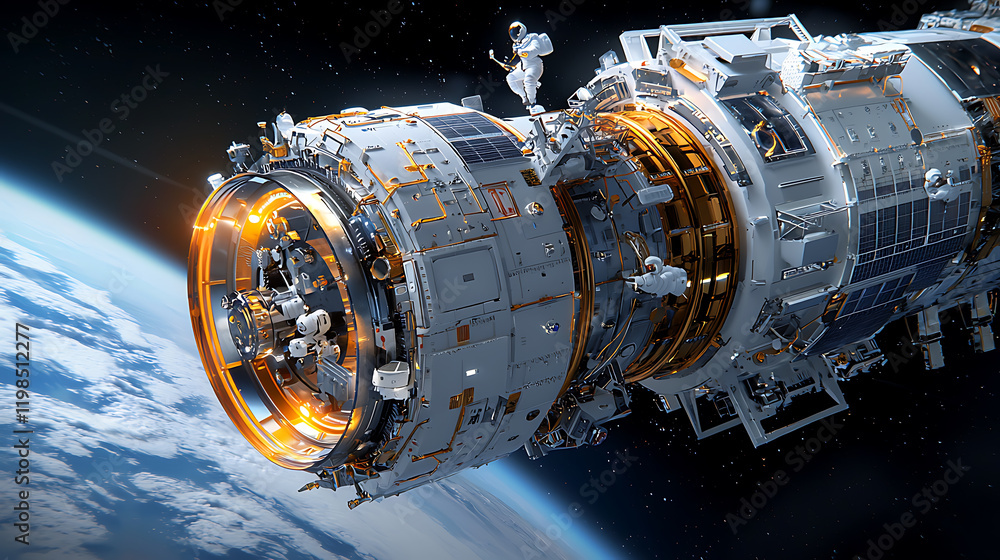 Astronauts conducting research on space station low earth orbit digital art outer space aerial view innovation and exploration Astronauts conducting research on space station low earth orbit digital art outer space aerial view innovation and exploration