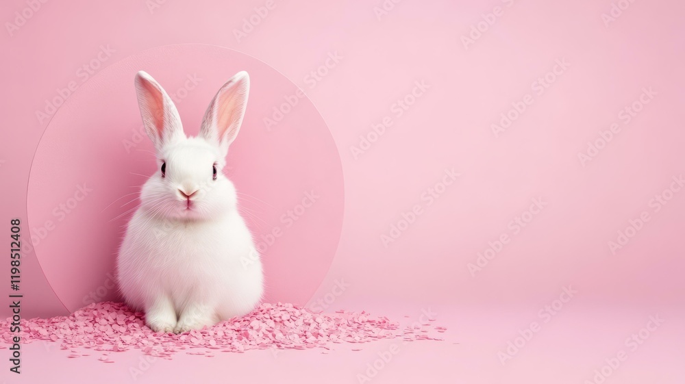 White rabbit sitting calmly in front of a soft pink background creating a cute playful scene White rabbit sitting calmly in front of a soft pink background creating a cute playful scene