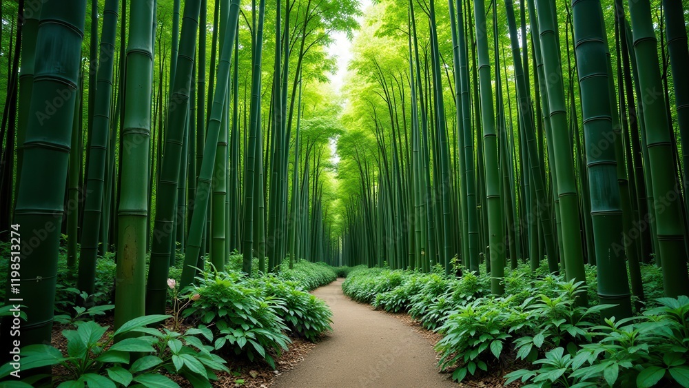 Majestic, towering bamboo forest encircles a serene path, creating an enchanting corridor of verdant beauty stretching endlessly to the horizon Majestic, towering bamboo forest encircles a serene path, creating an enchanting corridor of verdant beauty stretching endlessly to the horizon