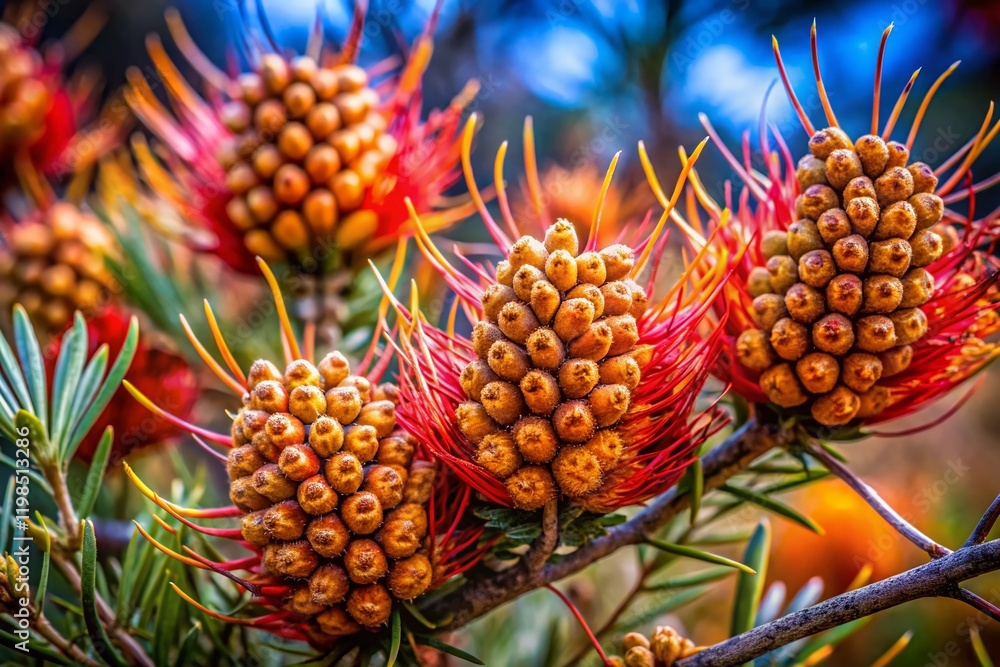 Australian Mountain Devil Shrub - Lambertia formosa Seed Pods, NSW Flora, Native Australian Plant, Wildflower Closeup Australian Mountain Devil Shrub - Lambertia formosa Seed Pods, NSW Flora, Native Australian Plant, Wildflower Closeup