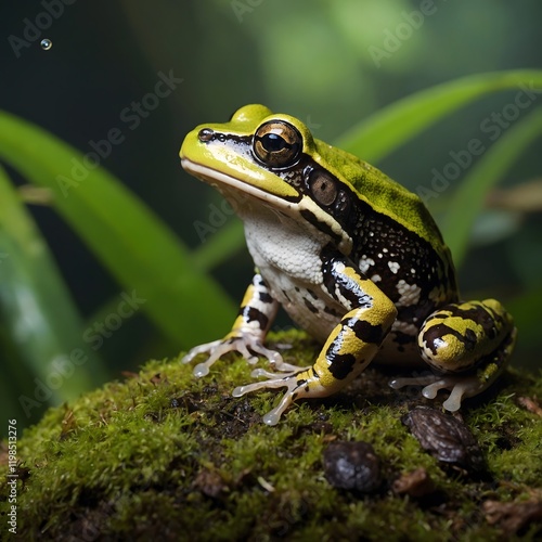 Camouflage in the Jungle: The Striped Rocket Frog Among Greenery photo