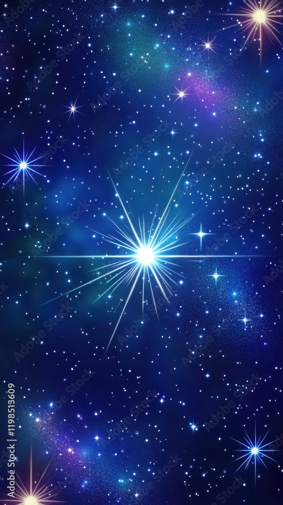 Fototapeta premium Glowing Starburst and Nebula in Deep Space, Vertical Cosmic Background with Twinkling Stars.