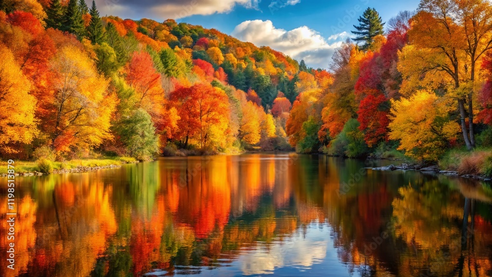 Autumn River Landscape: Deciduous Forest Across Water Autumn River Landscape: Deciduous Forest Across Water