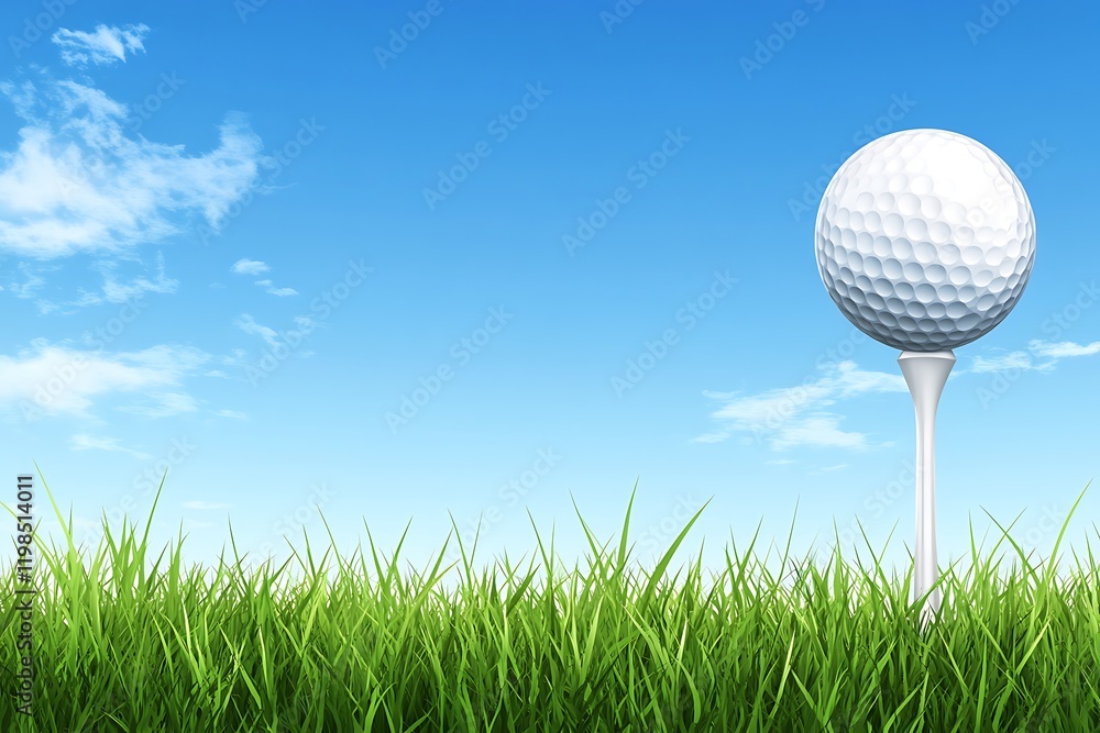 Golf Ball on Tee, Vibrant Green Grass, Sunny Sky Golf Ball on Tee, Vibrant Green Grass, Sunny Sky