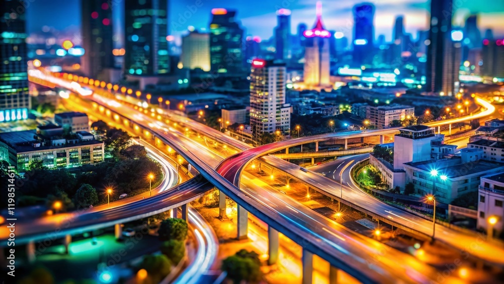 Fototapeta premium Bangkok Night Highway Tilt-Shift - Miniature Cityscape, Aerial View, Thailand