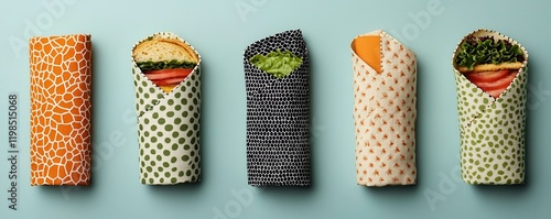 A colorful array of wrapped sandwiches featuring various ingredients, showcasing vibrant patterns on eco-friendly packaging. photo