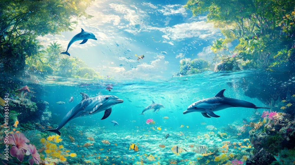 Dolphins Swimming in Tropical Paradise Underwater Ocean Scene with Coral Reef and Lush Rainforest Dolphins Swimming in Tropical Paradise Underwater Ocean Scene with Coral Reef and Lush Rainforest