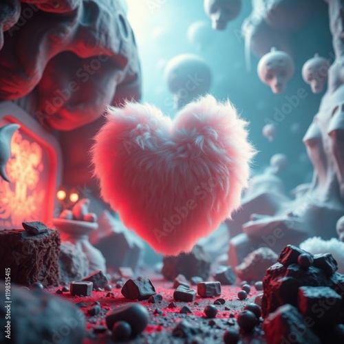 Fuzzy Red Heart in Mystical Cavern with Floating Statues