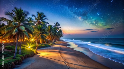 Benaulim Beach Goa, India: Night Photography of Palms & Tranquil Seascape