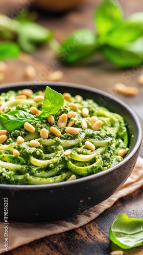 Delicious Zuchinni Noodles with Pesto and Pine Nuts