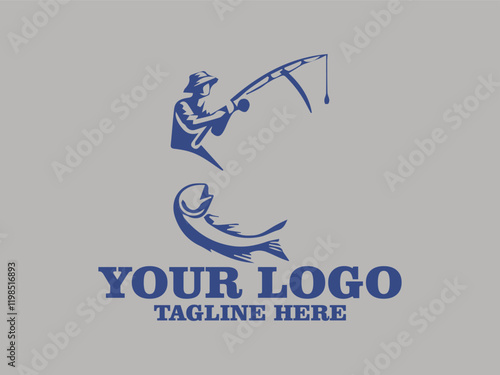 Vector Illustration blue fisherman catches large fish on rod, ideal for fishing and outdoor recreation designs, vacation advertisements, fishing equipment promotions