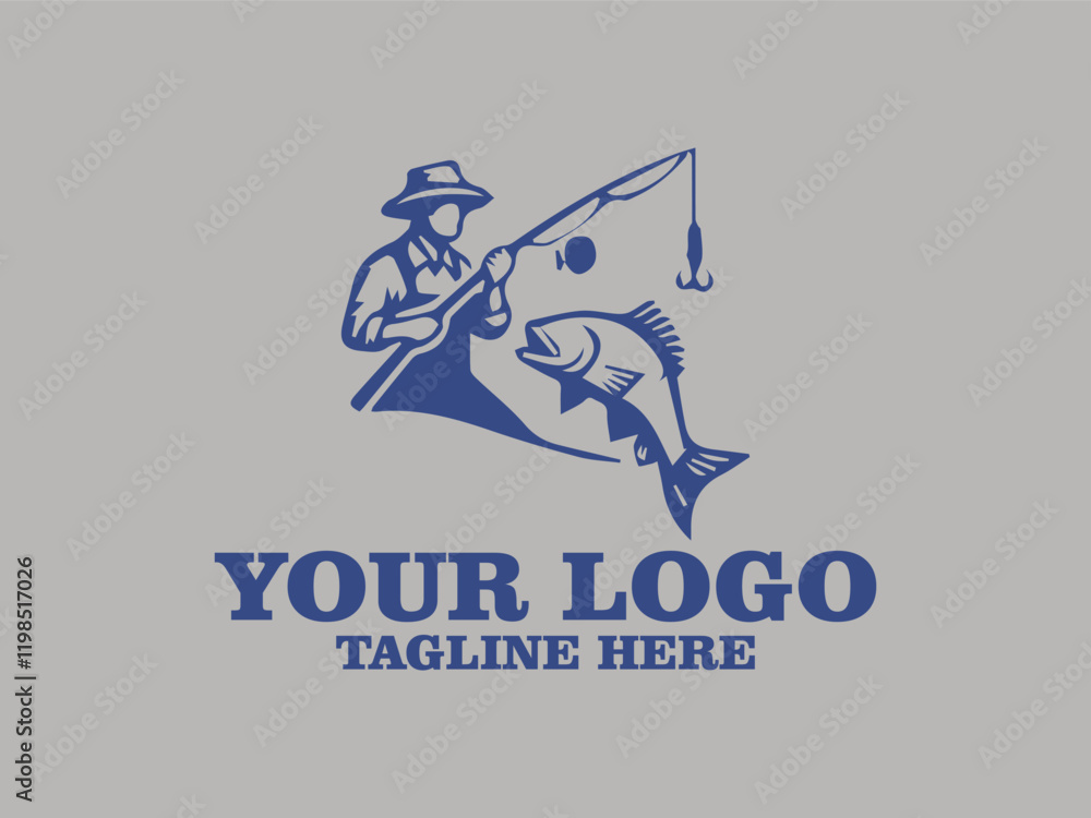 Fototapeta premium Vector Illustration blue fisherman catches large fish on rod, ideal for fishing and outdoor recreation designs, vacation advertisements, fishing equipment promotions