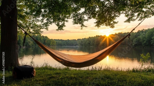 Sunset lake hammock relaxation, peaceful evening nature scene