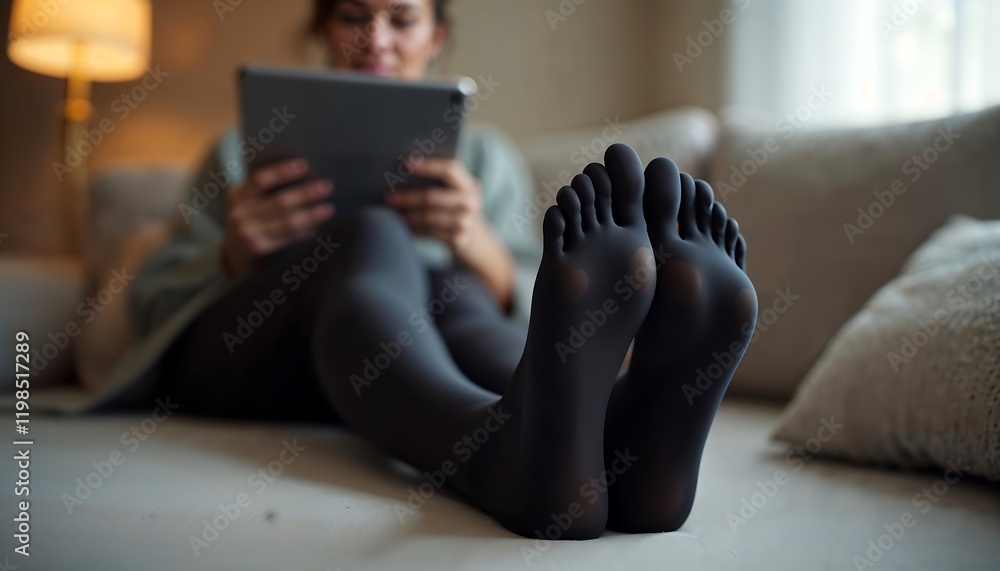 Obraz premium Relaxing Evening at Home: Woman Using Tablet While Resting on a Comfortable Couch