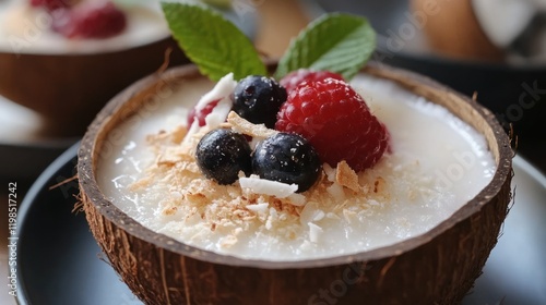 Coconut dessert bowl with berries and granola. photo