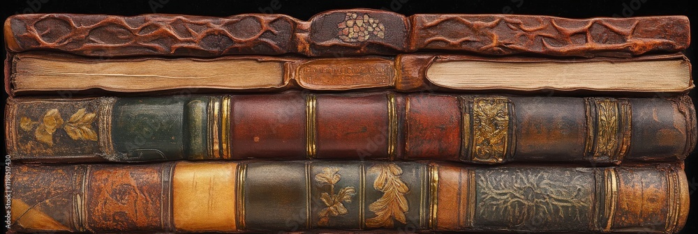 A stack of old books with leather covers and gold accents A stack of old books with leather covers and gold accents