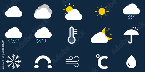 Flat weather icons set showing clouds, rain, sun, snowflake, wind, temperature, and umbrella on dark background. Ideal for weather apps, websites, and forecasts.