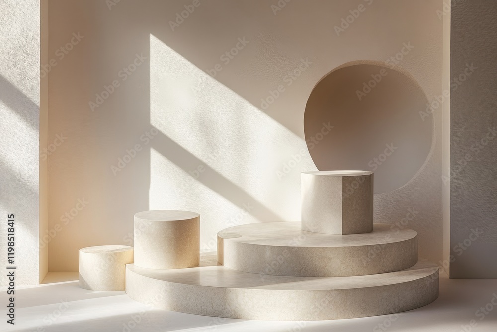 Obraz premium Minimalist Beige Product Display Scene with Geometric Pedestals and Sunlight.