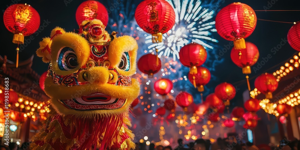 Naklejka premium A vibrant festival setting with lion dances, red lanterns, and fireworks.
