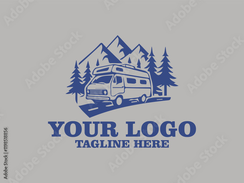 This vector illustration shows a vintage camper van driving down a winding road in the middle of a pine forest. The afternoon sun shone through the mist covering the mountains