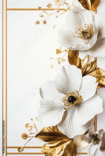Elegant white and gold paper flowers, minimalist backdrop, wedding invitation design