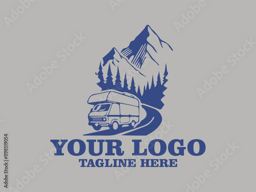 This vector illustration shows a vintage camper van driving down a winding road in the middle of a pine forest. The afternoon sun shone through the mist covering the mountains