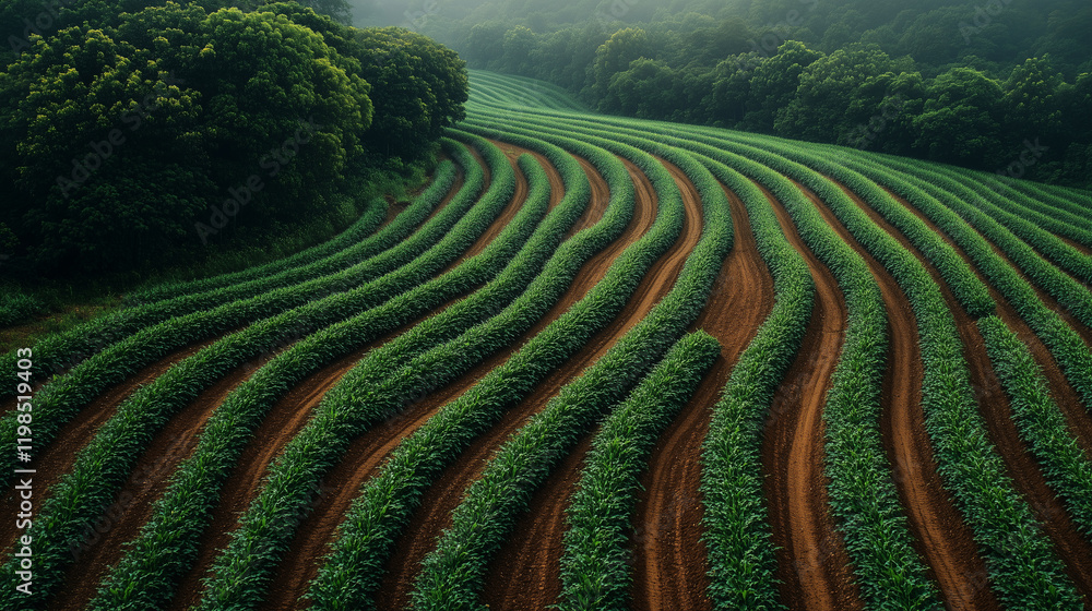 A lush rolling field with neat rows of plants A lush rolling field with neat rows of plants