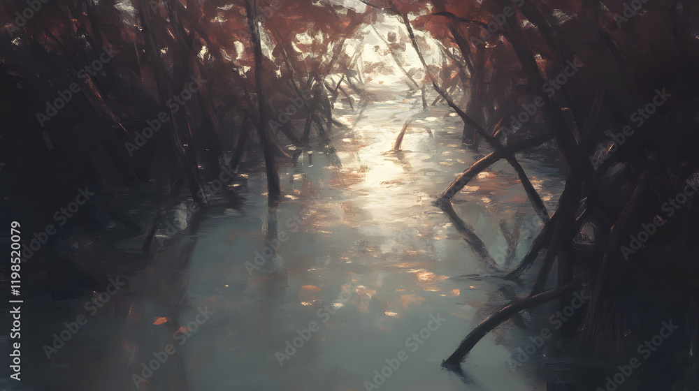 Fototapeta premium 17. A dense mangrove forest teeming with prehistoric amphibians and insects, with twisted roots forming natural pathways and sunlight glinting off pools of still water 