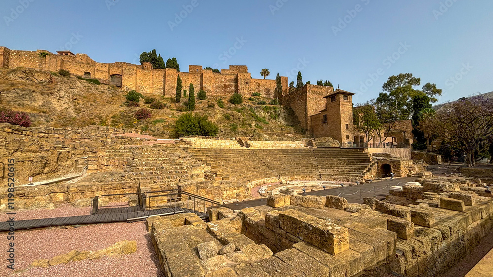 Fototapeta premium The ancient Roman Theater of Málaga, nestled at the foot of the Alcazaba Fortress. This historic site blends Roman and Moorish architecture under a clear, golden sky.