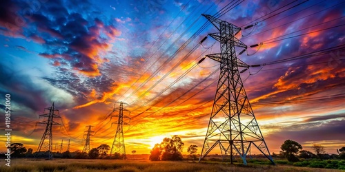 Brisbane Sunset Power Lines: High Voltage Electricity Tower Silhouette Against Vibrant Sky