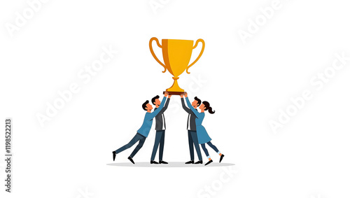 Illustration, Team achievement, teamwork business team people celebrate help carry big winner gold trophy, teamwork to achieve business goals.