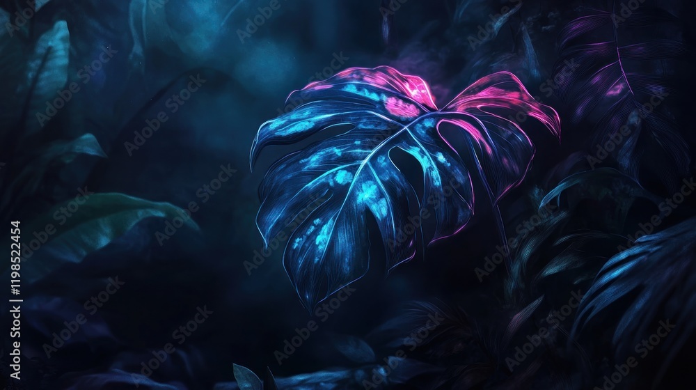 Fototapeta premium Glowing neon pink and blue monstera leaf in dark tropical jungle foliage.