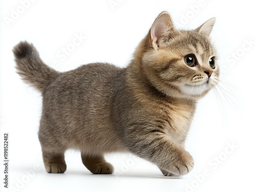 A charming British Shorthair kitten strolls across a white background. The cat is incredibly cute and fluffy.