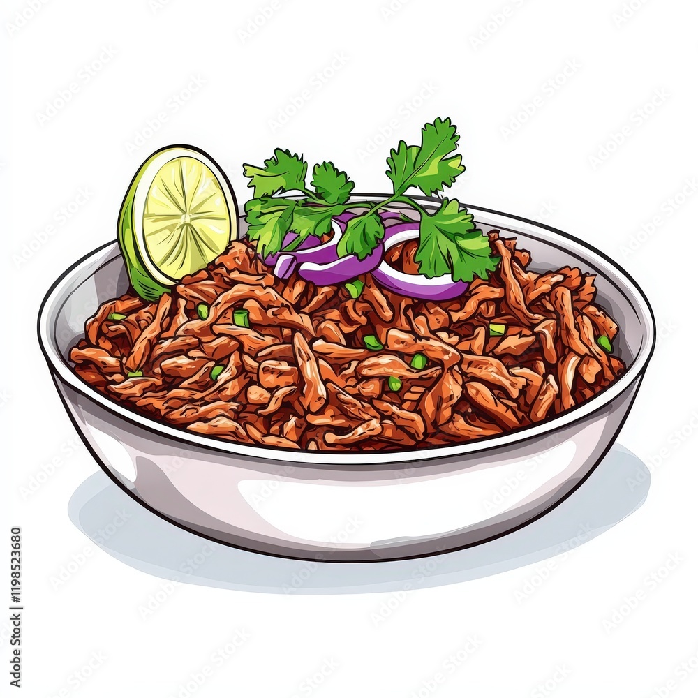 Mexican machaca shredded dried beef or pork national cuisine dish isolated on white background, colorful cartoon illustration Mexican machaca shredded dried beef or pork national cuisine dish isolated on white background, colorful cartoon illustration