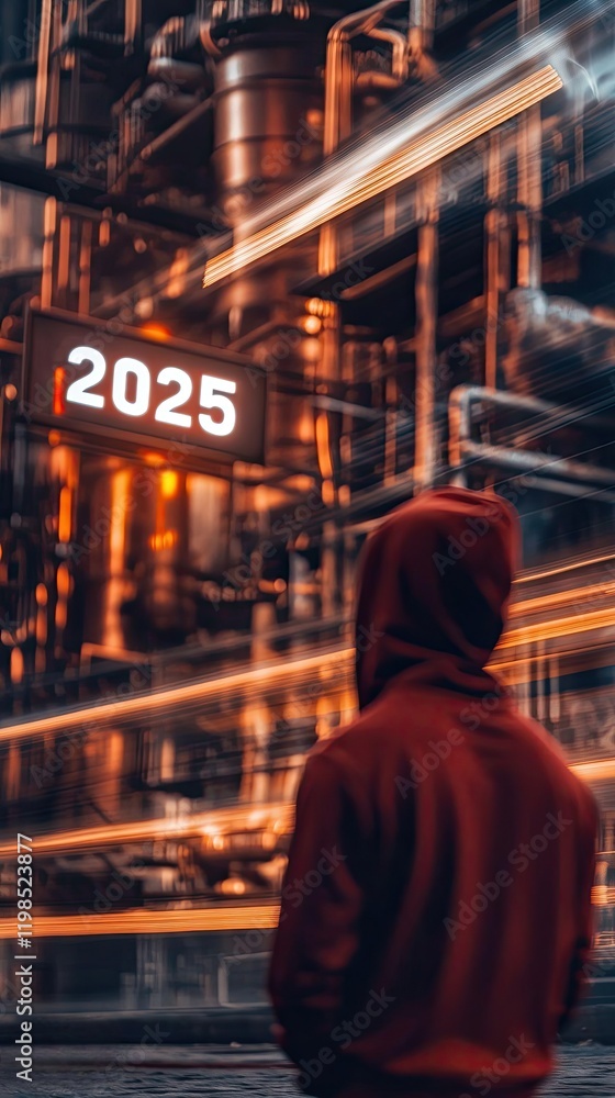 Fototapeta premium Person in Red Hoodie Contemplates Futuristic 2025 Industrial Scene