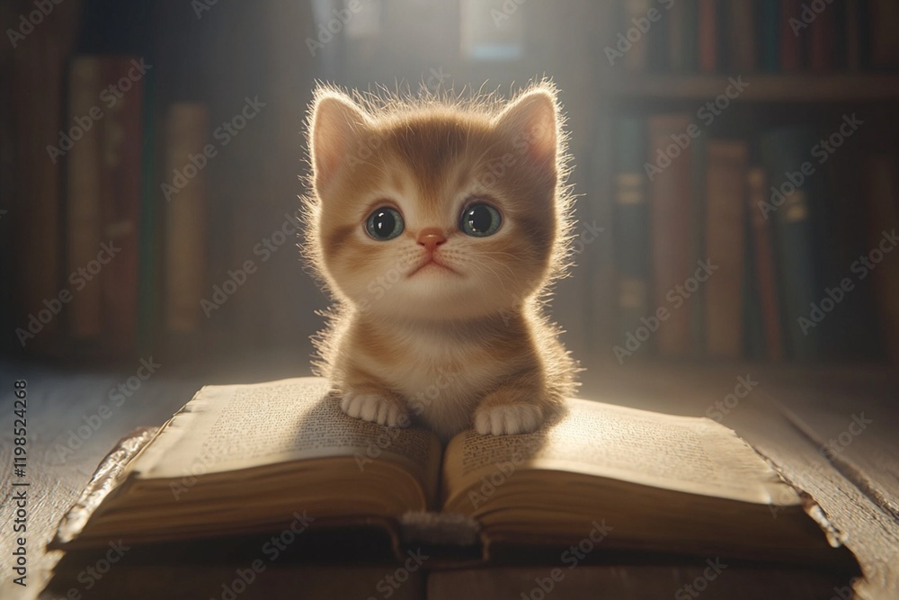 Adorable Kitten Perched on Open Book in Cozy Library Adorable Kitten Perched on Open Book in Cozy Library