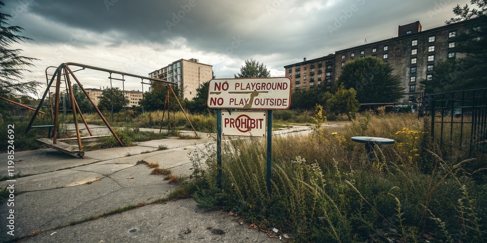 Abandoned Playground: Quarantine Zone - No Play Sign, Urban Decay Photography Abandoned Playground: Quarantine Zone - No Play Sign, Urban Decay Photography