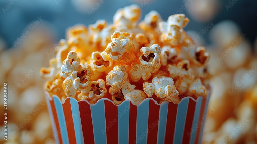 Buttery popcorn fills striped container. Buttery popcorn fills striped container.