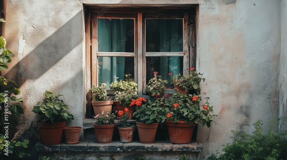 The front of an old house with flowers in pots on the windowsill, plants and flowers blooming in small terracotta pots on the street, sunny day, photo taken from behind, natural light The front of an old house with flowers in pots on the windowsill, plants and flowers blooming in small terracotta pots on the street, sunny day, photo taken from behind, natural light