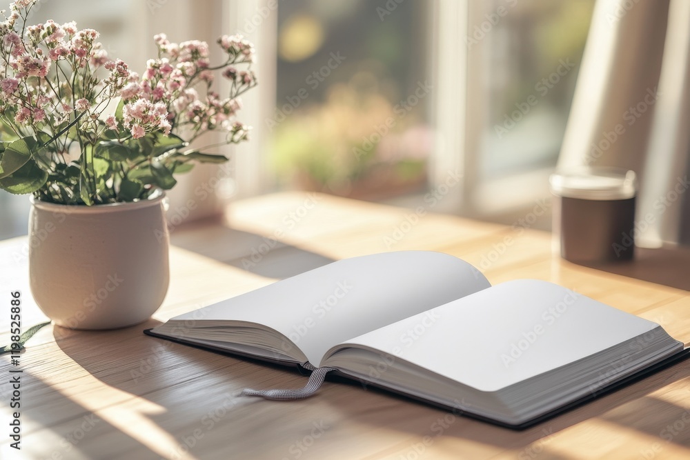 Open Blank Notebook on Wooden Table with Flower Vase - Cozy Workspace, Sunlight, Minimalist Design. Open Blank Notebook on Wooden Table with Flower Vase - Cozy Workspace, Sunlight, Minimalist Design.