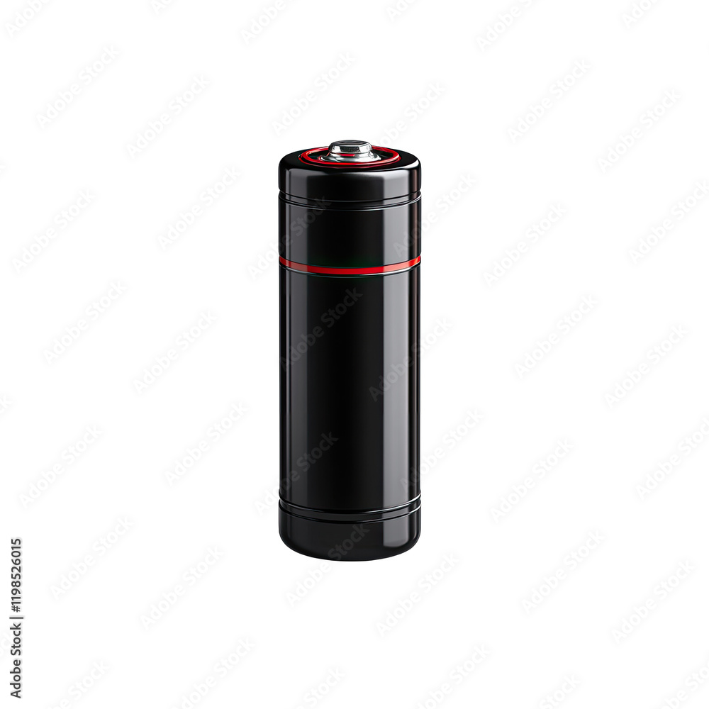 Close-up of a sleek black and gold cylindrical battery, isolated on a black background with a metallic finish. Close-up of a sleek black and gold cylindrical battery, isolated on a black background with a metallic finish.