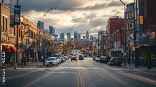 City street scene at sunset with buildings, cars, and pedestrians.