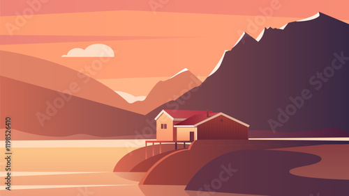 Minimalistic landscape with a house near a mountain lake at sunset. Vector illustration of a Scandinavian landscape in pastel colors